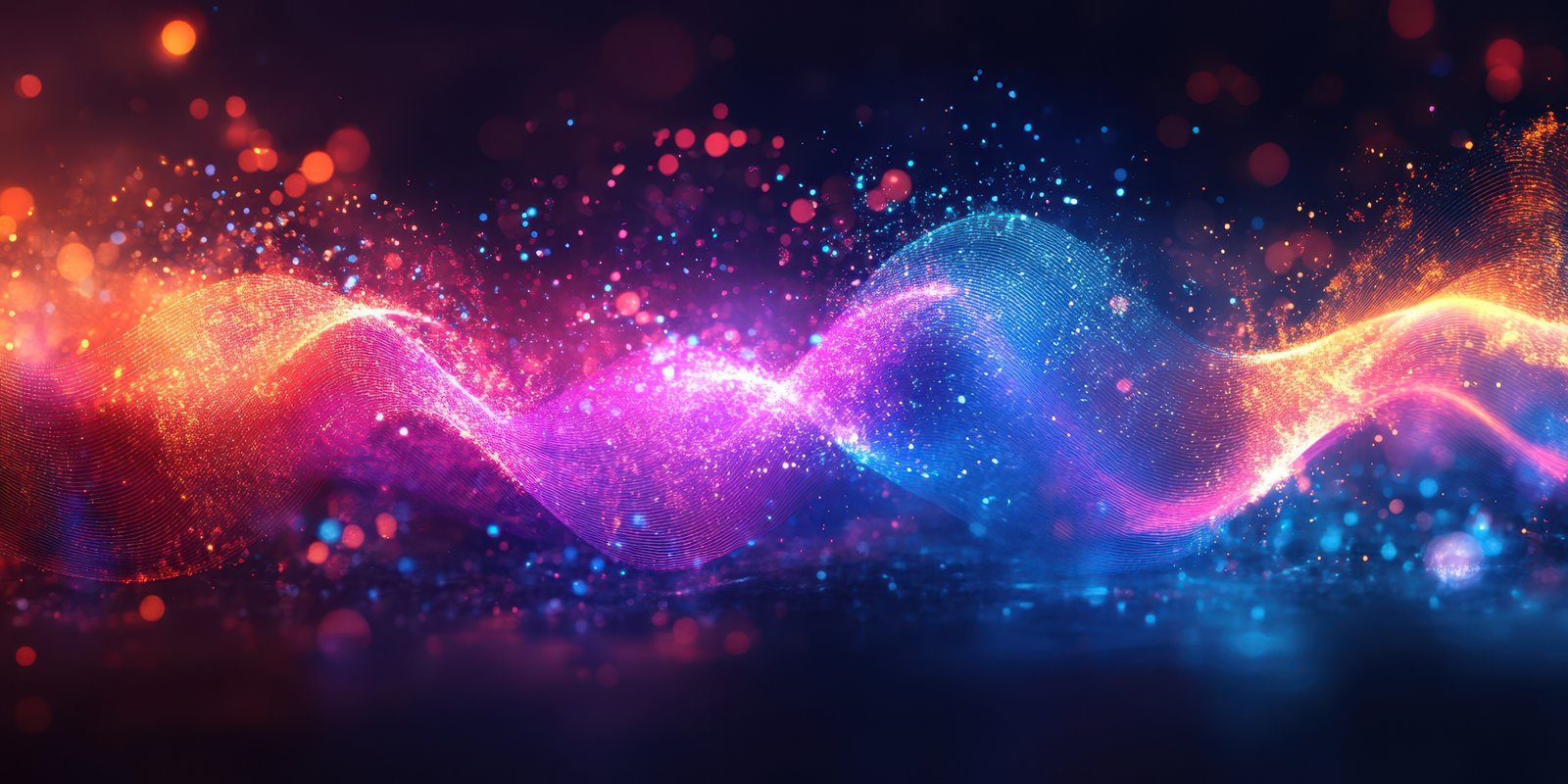 Vibrant abstract wave of colorful lights and particles creating a dynamic visual effect at night